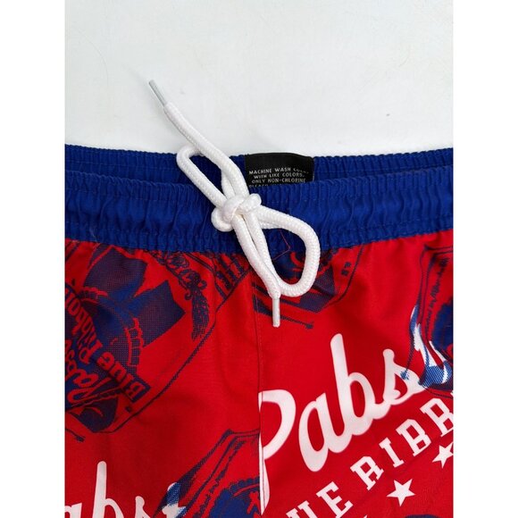 Pabst Blue Ribbon Size L Red Blue Swim Shorts Mens Recycled Polyester NWT - Picture 2 of 6
